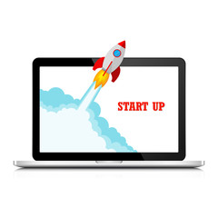 The spacecraft and laptop - concept of business start-up. Vector Illustration.