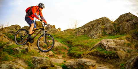Fototapeta na wymiar Cyclist Riding Mountain Bike on the Beautiful Spring Rocky Trail. Extreme Sport Concept