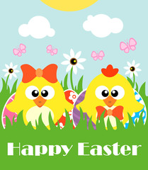 Happy Easter background with two funny chickens