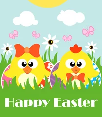 Fotobehang Happy Easter background with two funny chickens © dicraftsman