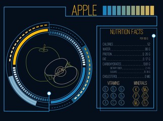 Apple. Nutrition facts. Vitamins and minerals. Futuristic  Interface. HUD infographic elements. Flat design, no gradient. Vector illustration