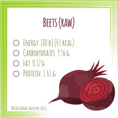 Beets. Nutrition facts. Flat design, no gradient. Vector illustration