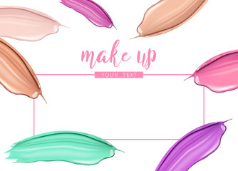 Cosmetic liquid foundation and lipstick smudge smear cream strokes isolated on white background. Make up vector template.