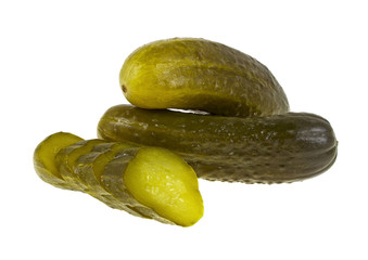 Marinated pickled cucumber and slices isolated on white background