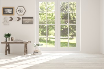 White empty room with green landscape in window. Scandinavian interior design. 3D illustration