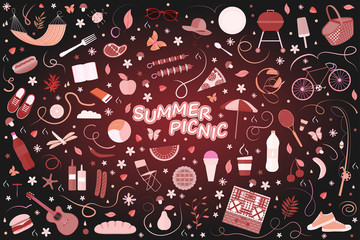 Fototapeta na wymiar Vector illustration of a summer family picnic with objects for outdoor activities, barbecue, snacks