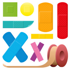 Adhesive plaster set - colorful collection of medical first aid objects - isolated vector illustration on white background.