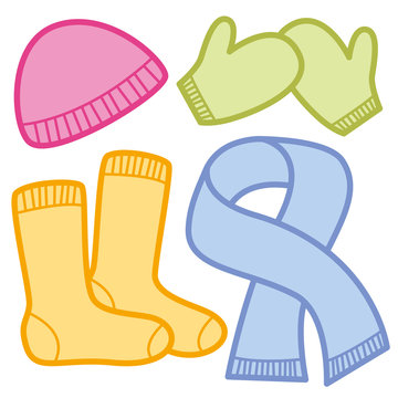 Winter clothing comic icons - colorful cloths for cold weather - pink woolen cap, green mittens, orange socks and blue scarf. Isolated vector illustration on white background.