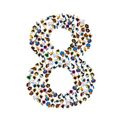 Large group of people in number 8 eight form. People font. Vector illustration