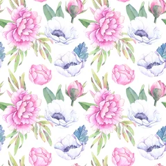 Fotobehang Hand drawn watercolor seamless pattern. Spring leaves, branches, peonies, anemones. Floral backgroung. Perfect for wedding invitations, greeting cards, blogs, posters and more © Kate Macate