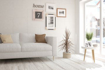 White modern room with sofa. Scandinavian interior design. 3D illustration