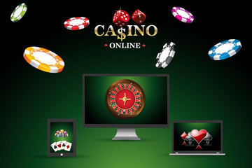 Banner, template site for playing online in poker, casino. Background with roulette, casino chips, playing cards