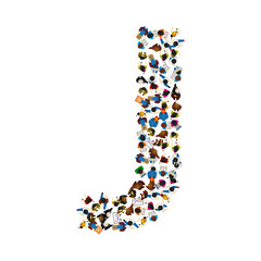 A group of people in the shape of English alphabet letter J on light background. Vector illustration.