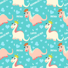 Obraz premium Cute dinosaur seamless pattern. Adorable cartoon dinosaurs background. Colorful kids pattern for girls and boys. Vector texture in childish style for fabric, wallpapers, cards and design