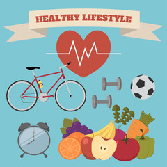 Healthy lifestyle concept with food and sport icons. Vector illustration