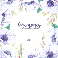 Hand drawn watercolor illustration. Wedding invitation or greeting card with leaves and anemones flowers. Watercolor ready to use card. Save the date.