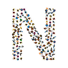 A group of people in the shape of English alphabet letter N on light background. Vector illustration.