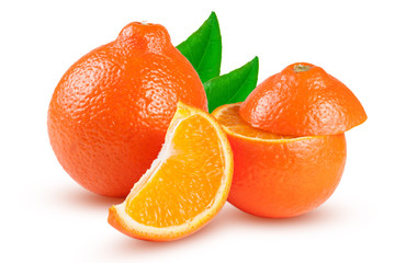 two orange tangerine or Mineola with slices and leaf isolated on white background