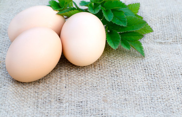 Three fresh chicken eggs and green leaves on a sackcloth tablecloth