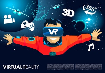 VR glasses video game man fly into the space banner or poster