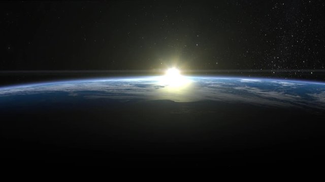 Sunrise over the Earth. The camera rotates to the right. The earth slowly rotates. Realistic atmosphere. Volumetric clouds. View from space. Starry sky. 4K.