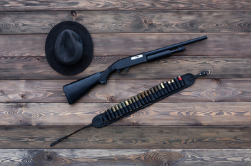 Hat, gun winchester, vintage, ganster, cowboy, mafia