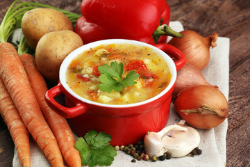 Barley and vegetable thick healthy soup. Krupnik thick Polish soup made from vegetable or broth, containing potatoes and barley groats