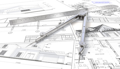 House planning. Generic Architectural blueprints, drawings and sketches. Ruler and Divider of metal. 3D render. 