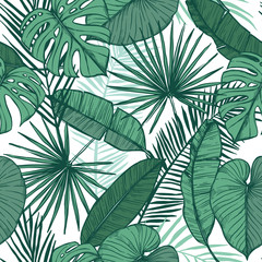 Fototapeta premium Hand drawn vector background - Palm leaves (monstera, areca palm, fan palm, banana leaves). Tropical seamless pattern. Perfect for prints, posters, invitations etc