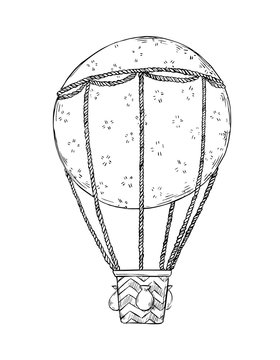 Hand drawn vector illustration - hot air balloon in the sky. Perfect for prints, posters, invitations etc