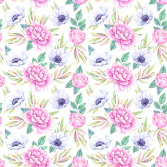 Fototapeta na wymiar Hand drawn watercolor seamless pattern. Spring leaves, branches, peonies, anemones. Floral backgroung. Perfect for wedding invitations, greeting cards, blogs, posters and more