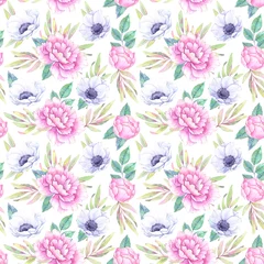 Fototapeten Hand drawn watercolor seamless pattern. Spring leaves, branches, peonies, anemones. Floral backgroung. Perfect for wedding invitations, greeting cards, blogs, posters and more © Kate Macate