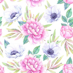 Hand drawn watercolor seamless pattern. Spring leaves, branches, peonies, anemones. Floral backgroung. Perfect for wedding invitations, greeting cards, blogs, posters and more