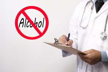 Doctor  with sign stop alcohol, Health concept.
