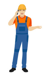 Builder talking on the mobile phone and gesturing