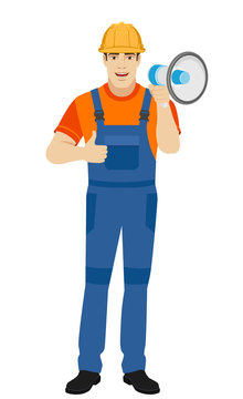 Builder with loudspeaker showing thumb up