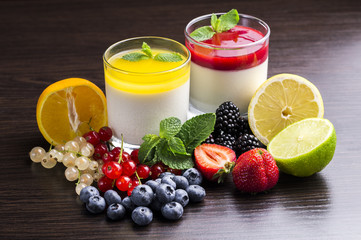 panna cotta dessert in a glass container and fruit