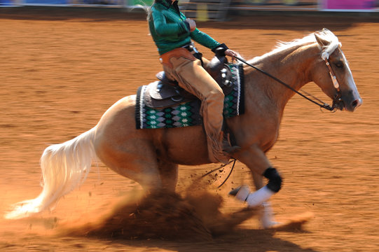 A side view of western rider sliding the horse in the dirt