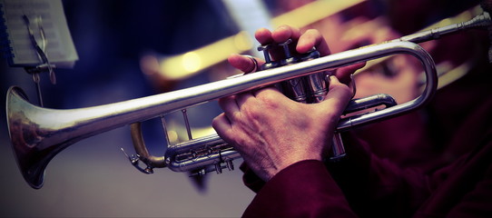 trumpeter plays his trumpet in the band during live concert