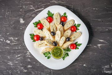 Pancake with feta cheese and pesto sauce. Top view. The concept of healthy eating and vegetarianism.