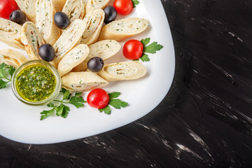 Pancake with feta cheese and pesto sauce. Copy space. The concept of healthy eating and vegetarianism.