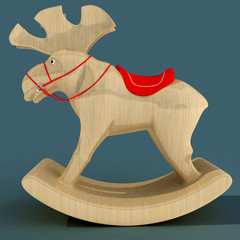 Children's Rocking Elk. A toy for the fun of a child. Material wood. 3D illustration.
