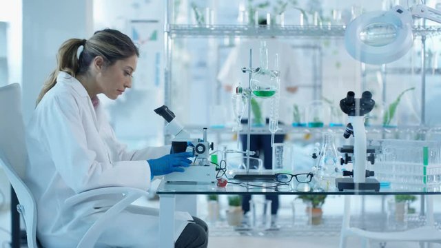  Research scientists studying plant life in laboratory