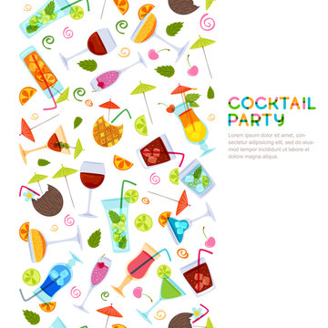Vector seamless vertical background with cocktails, juice, wine glasses. Hand drawn illustration. Beverages on white background. Design for party invitation, bar menu, alcohol drinks, wine list.