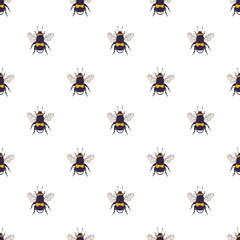 Vector bees set - seamless pattern. Hand drawn ink sketch with bumblebee insect. Wild animal drawing