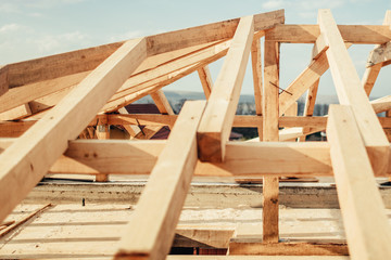 Roofing of new building, Construction Details. Wooden Roof Frame at House Construction
