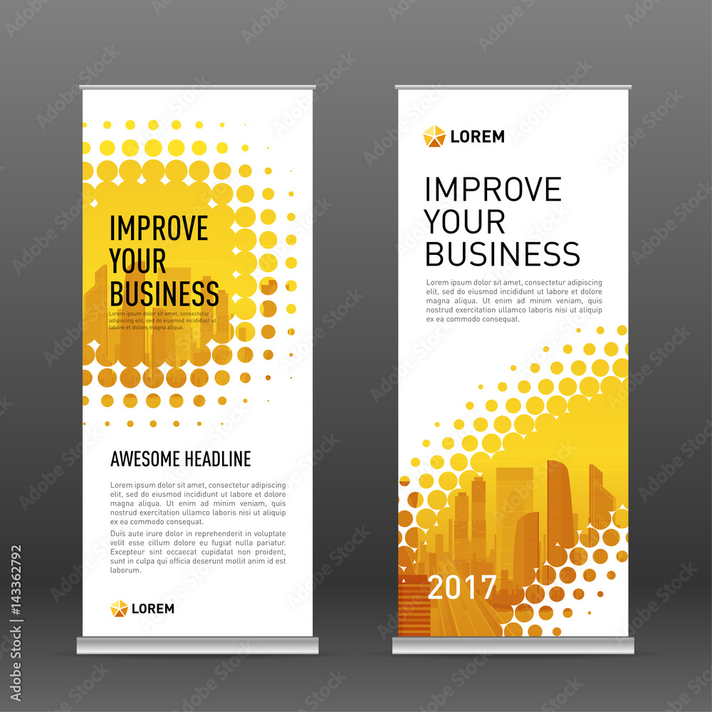 Wall mural industrial roll up banner design template. abstract halftone effect with colored cityscape vector il