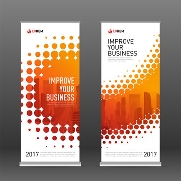 Industrial roll up banner design template. Abstract halftone effect with colored cityscape vector illustration on background.