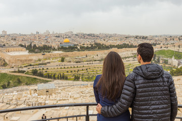 Panoramic view of  Jerusalem Old city and the Temple Mount, Dome of the Rock and Al Aqsa Mosque from the Mount of Olives in Jerusalem, Israel.