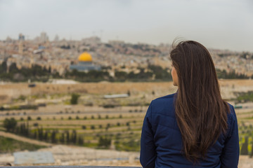 Panoramic view of  Jerusalem Old city and the Temple Mount, Dome of the Rock and Al Aqsa Mosque from the Mount of Olives in Jerusalem, Israel.